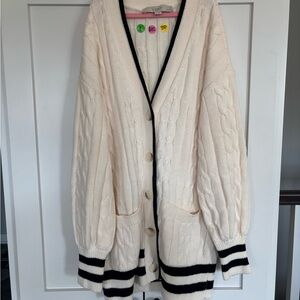 LOFT Cream Cable Knit Cardigan with Black Accents